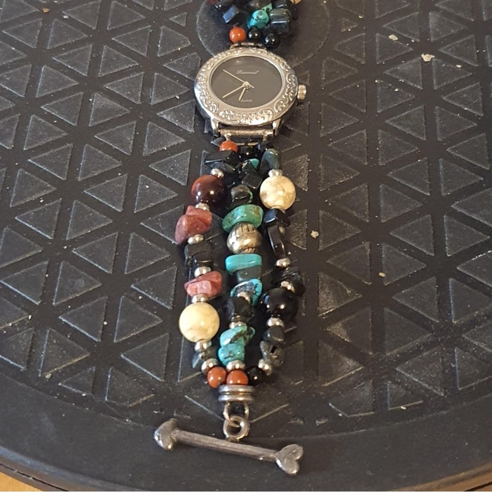 Lucoral Accented Silver/Black Beaded Gemstone Women's Watch